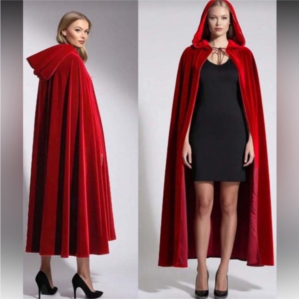 Elegant Red Velvet Hooded Cloak and Gloves